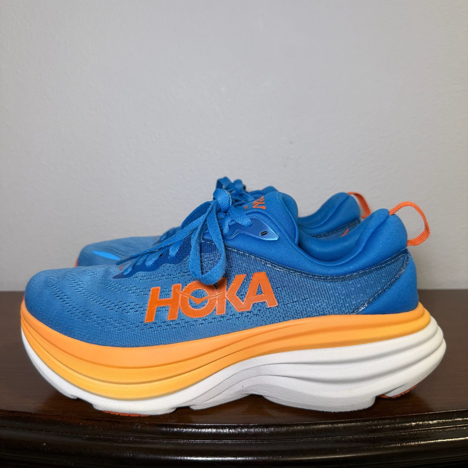 HOKA Bondi Men 8 Wide Size 9 2E Coastal Sky Vibrant Orange Running Shoes 12