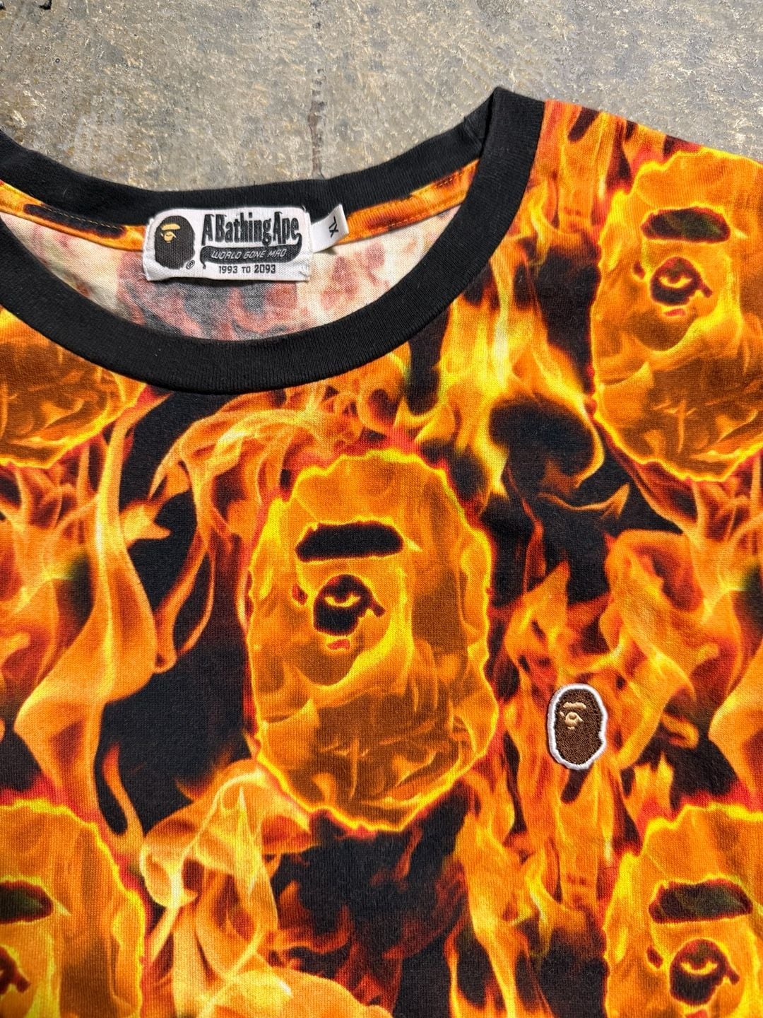 A Bathing Ape Bape Flame T-Shirt Size XL Orange Fire Ape Head Graphic 3