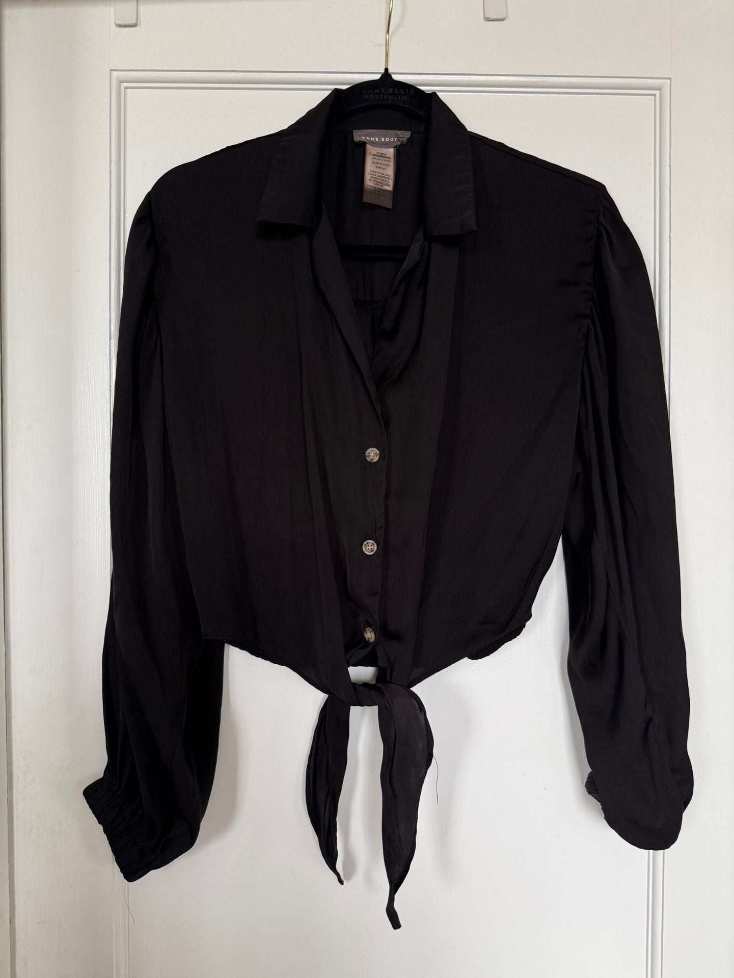 Sans Souci Long Sleeve Blouse Size S Black Tie Front Crop Top 2