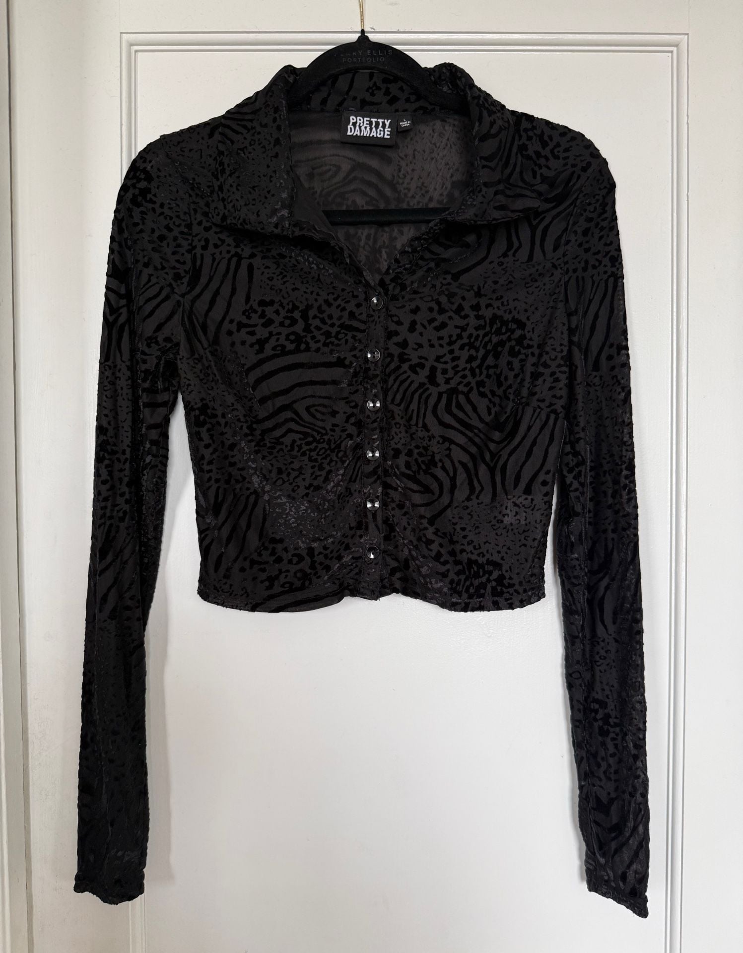 Pretty Damage Button-Up Shirt Size L Black Mesh Animal Print Velvet Top 2