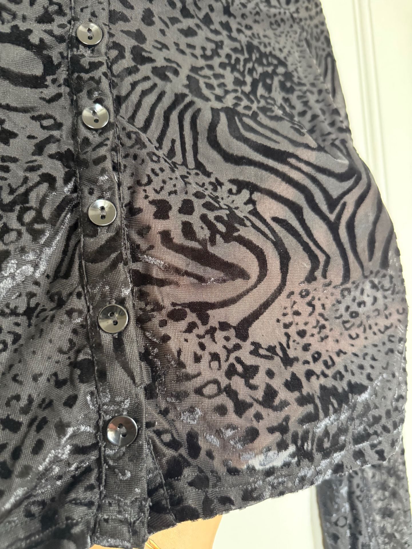 Pretty Damage Button-Up Shirt Size L Black Mesh Animal Print Velvet Top 3