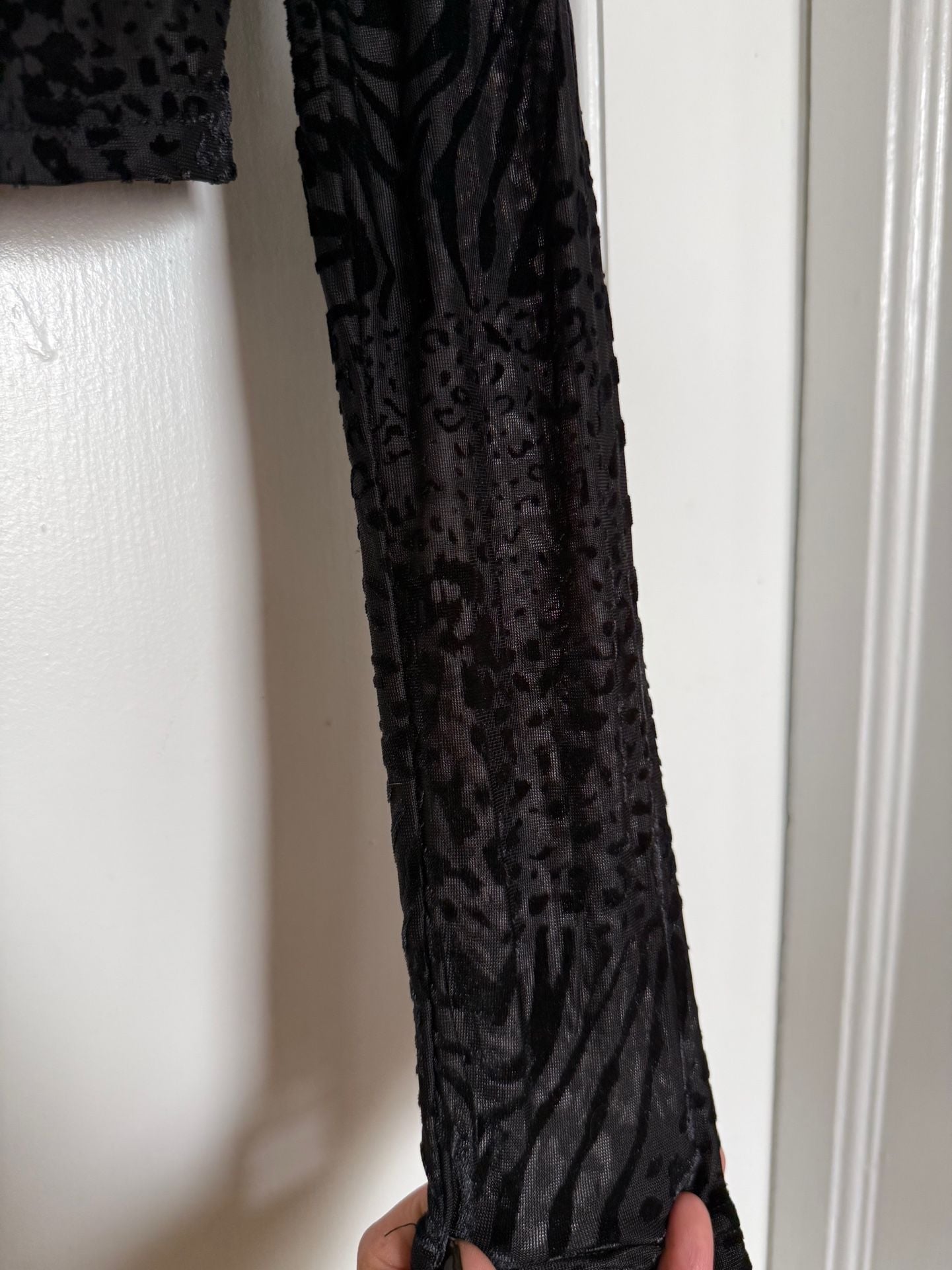 Pretty Damage Button-Up Shirt Size L Black Mesh Animal Print Velvet Top 5