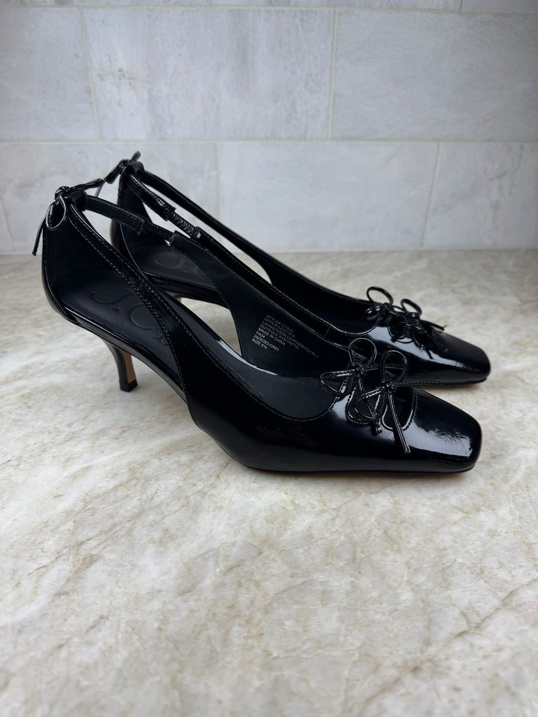 J.Crew Leona Slingback Heels Black Patent Leather Double Bow Square Toe 5.5 3