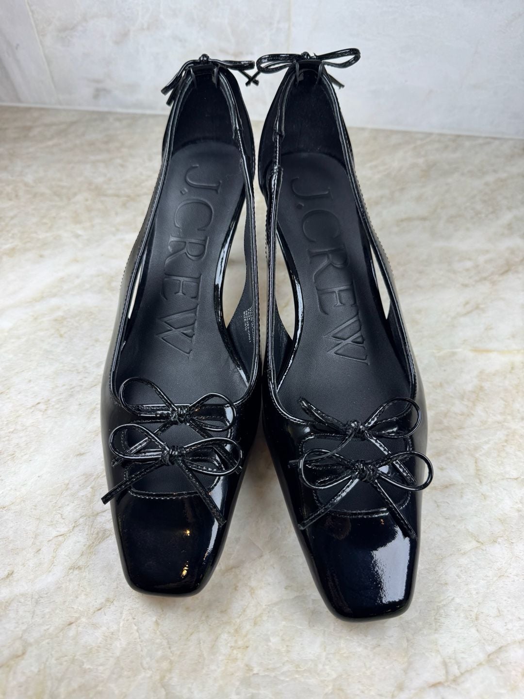 J.Crew Leona Slingback Heels Black Patent Leather Double Bow Square Toe 5.5 4