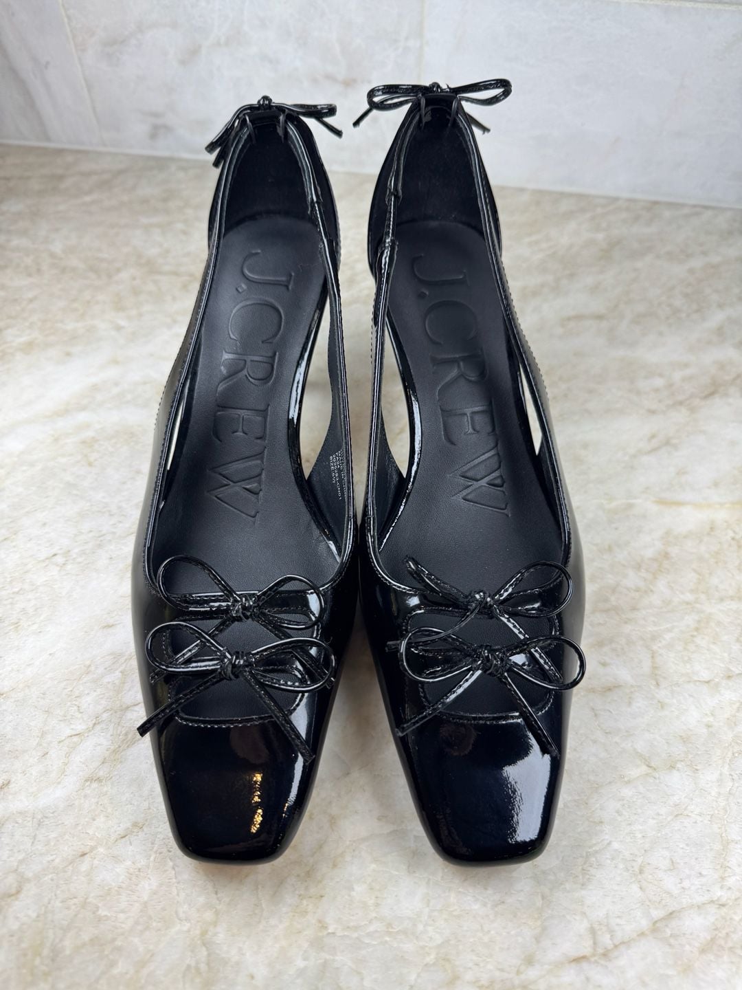 J.Crew Leona Slingback Heels Black Patent Leather Double Bow Square Toe 5.5 5