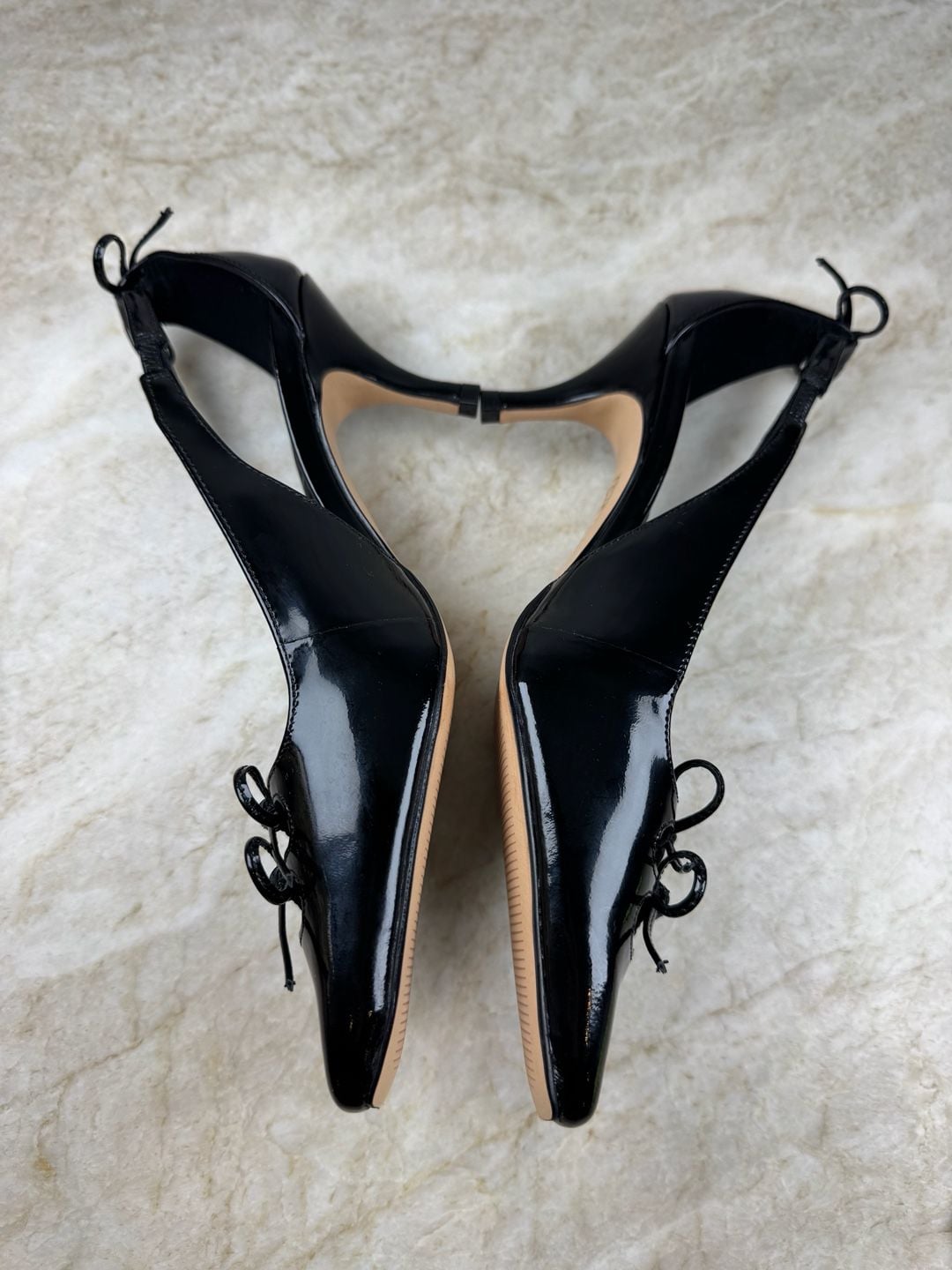 J.Crew Leona Slingback Heels Black Patent Leather Double Bow Square Toe 5.5 7