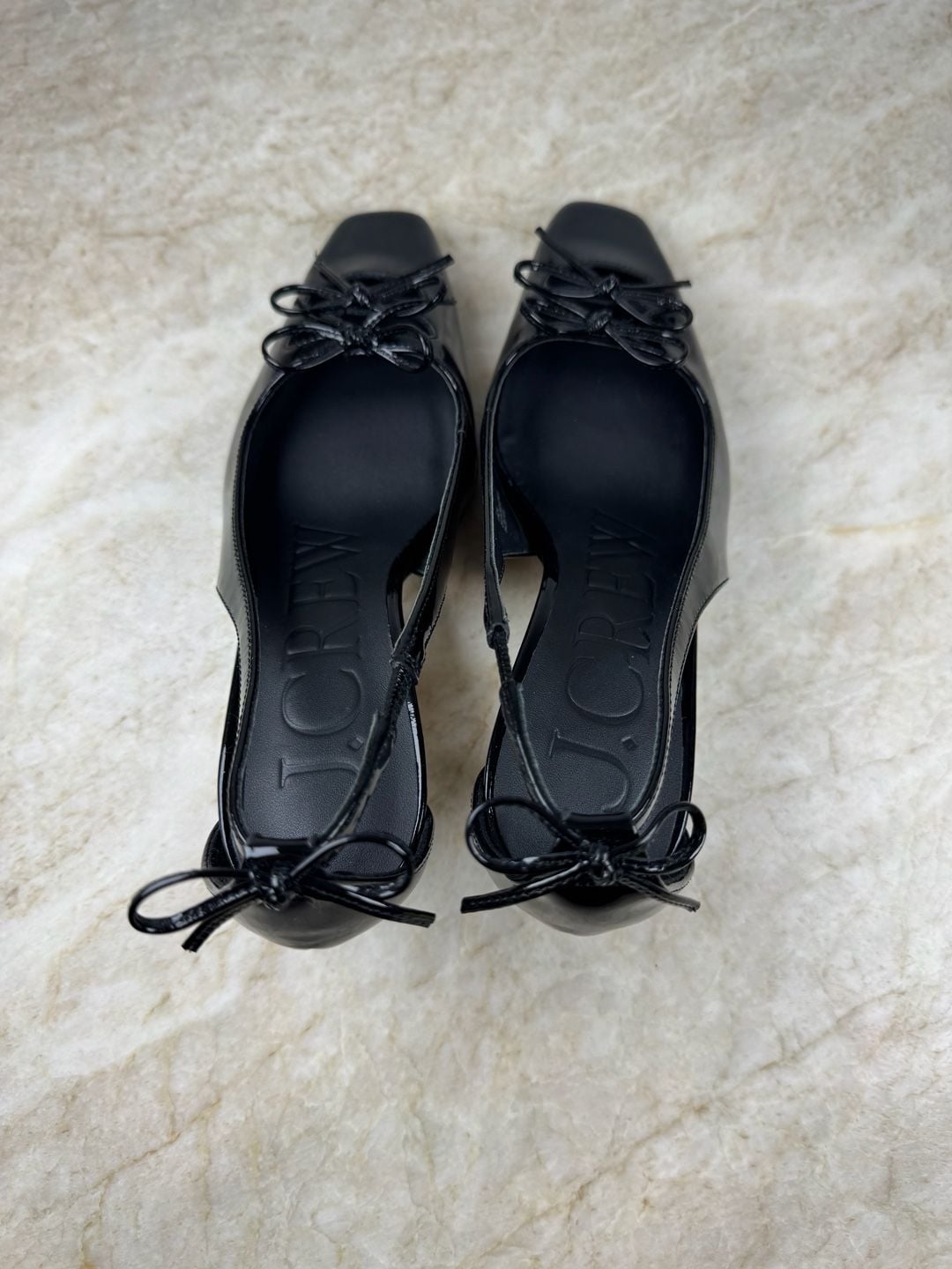 J.Crew Leona Slingback Heels Black Patent Leather Double Bow Square Toe 5.5 9