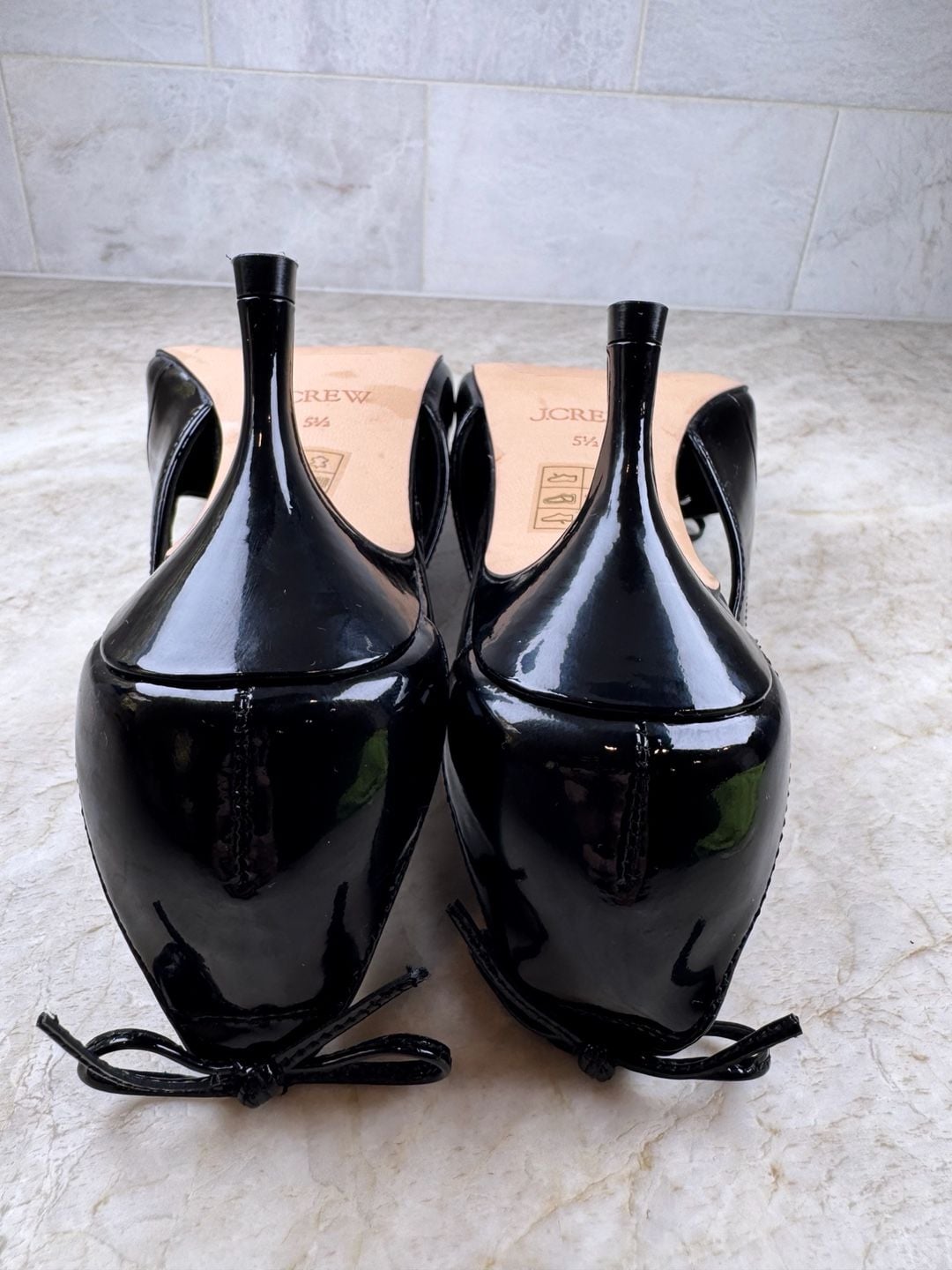 J.Crew Leona Slingback Heels Black Patent Leather Double Bow Square Toe 5.5 11