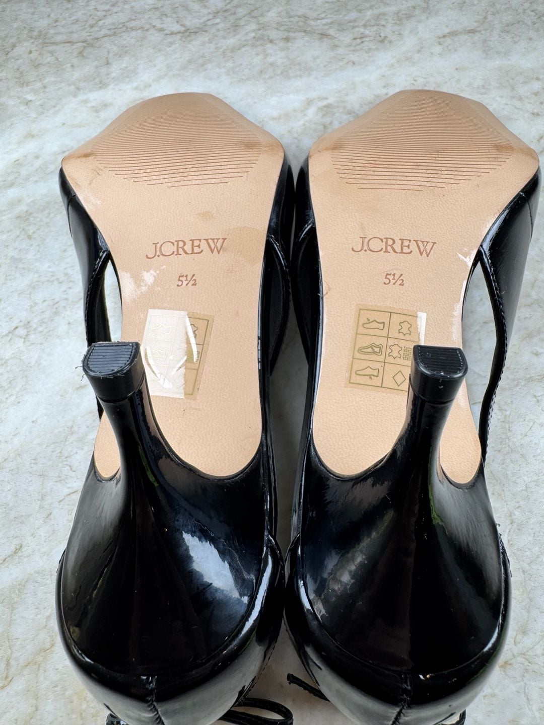 J.Crew Leona Slingback Heels Black Patent Leather Double Bow Square Toe 5.5 14
