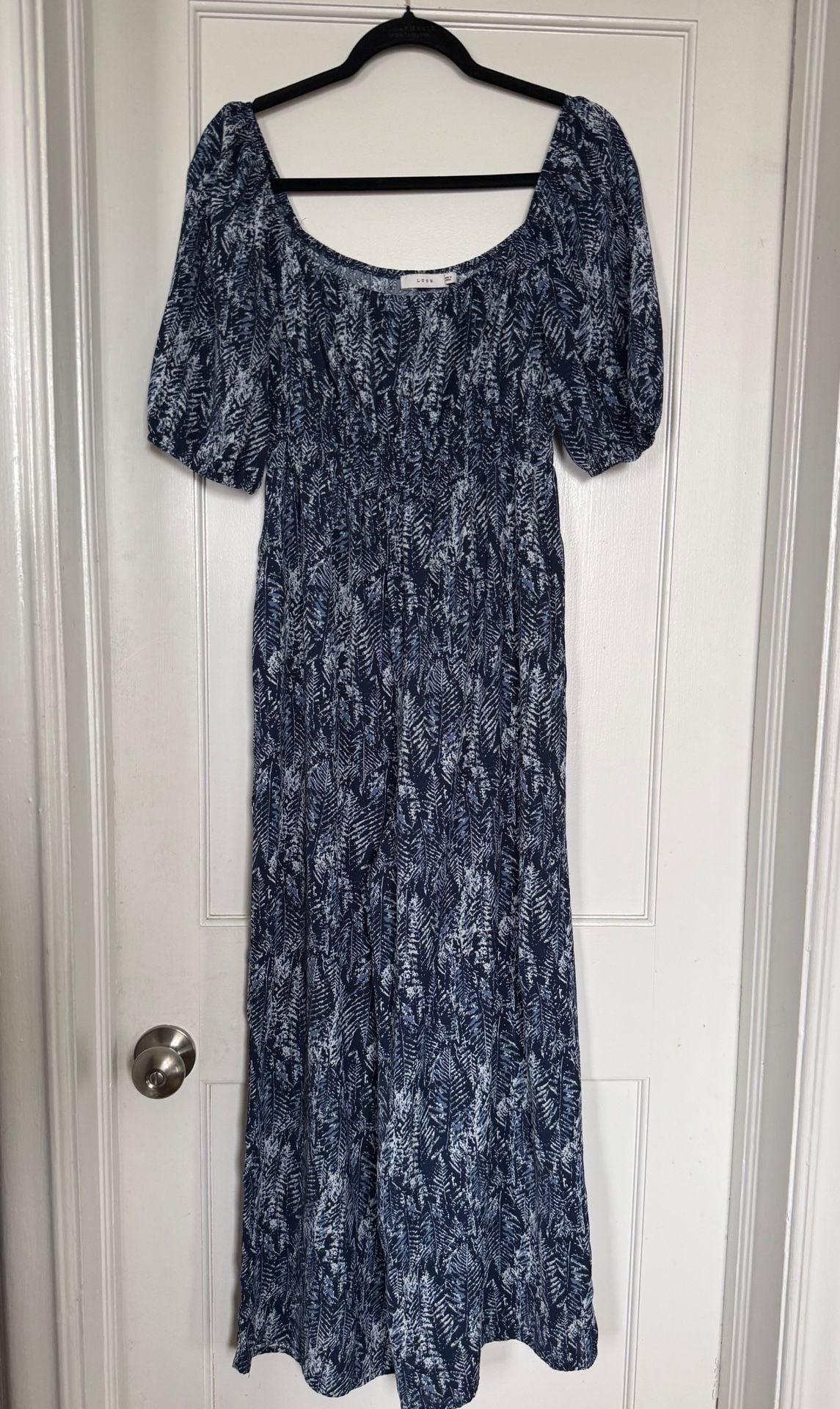 Lush Jumpsuit Blue White Fern Print Short Sleeve Smocked Pockets 2