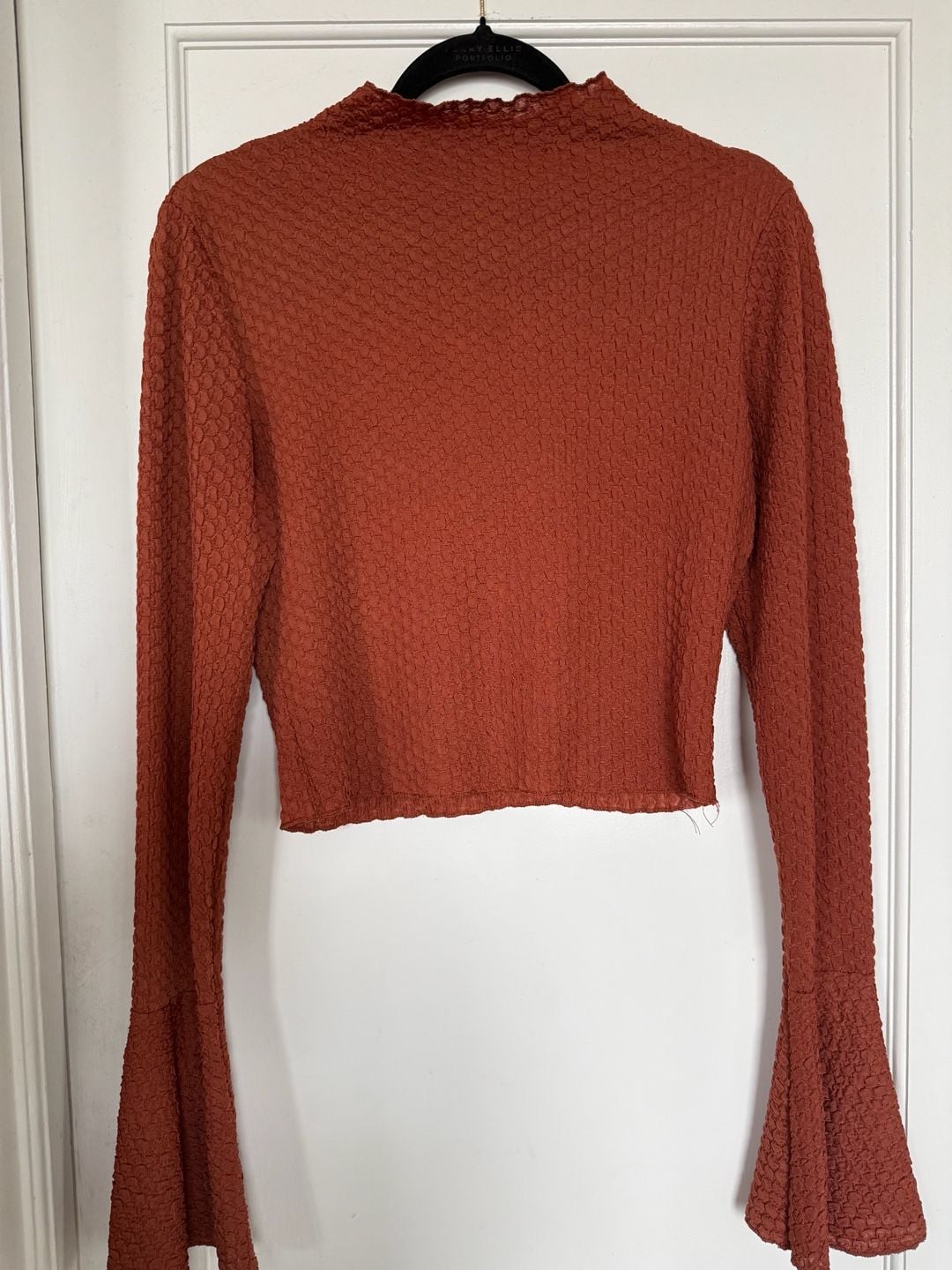 Textured Long Sleeve Crop Top Rust Brown Bell Sleeves Mock Neck 2