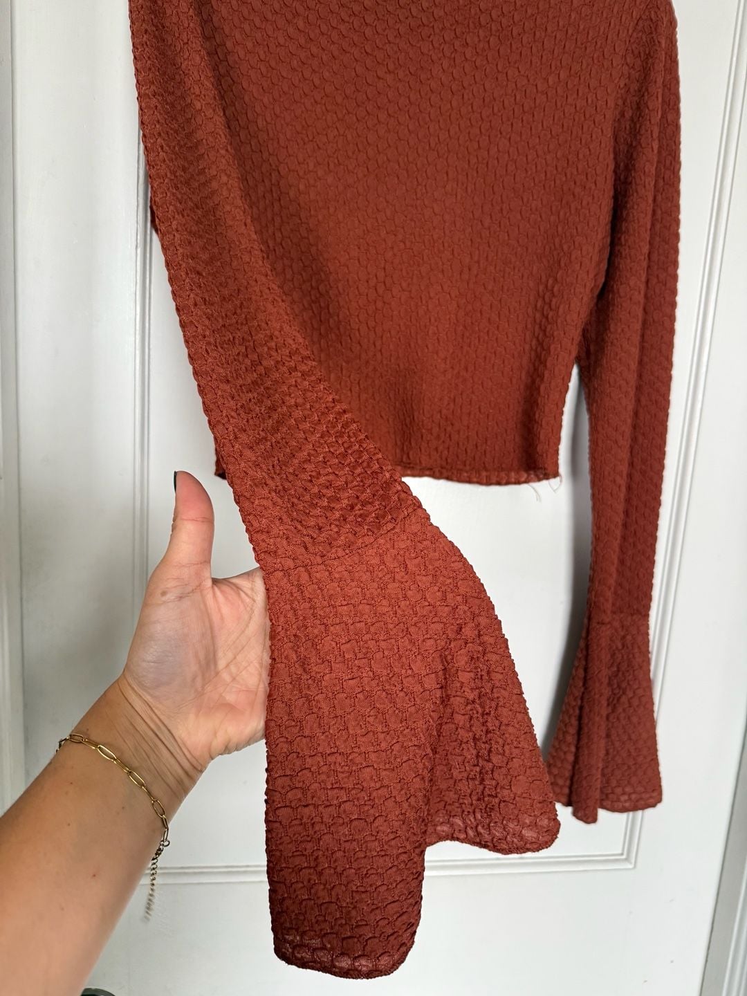 Textured Long Sleeve Crop Top Rust Brown Bell Sleeves Mock Neck 3