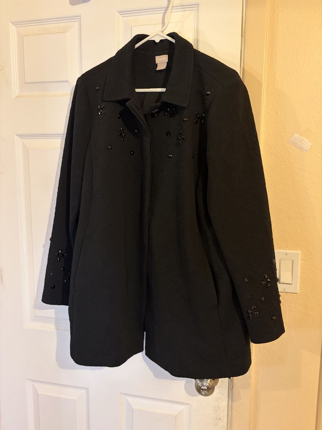 Chico's Black Embellished Jacquard Coat Size 3 Black Beaded Jacket 2