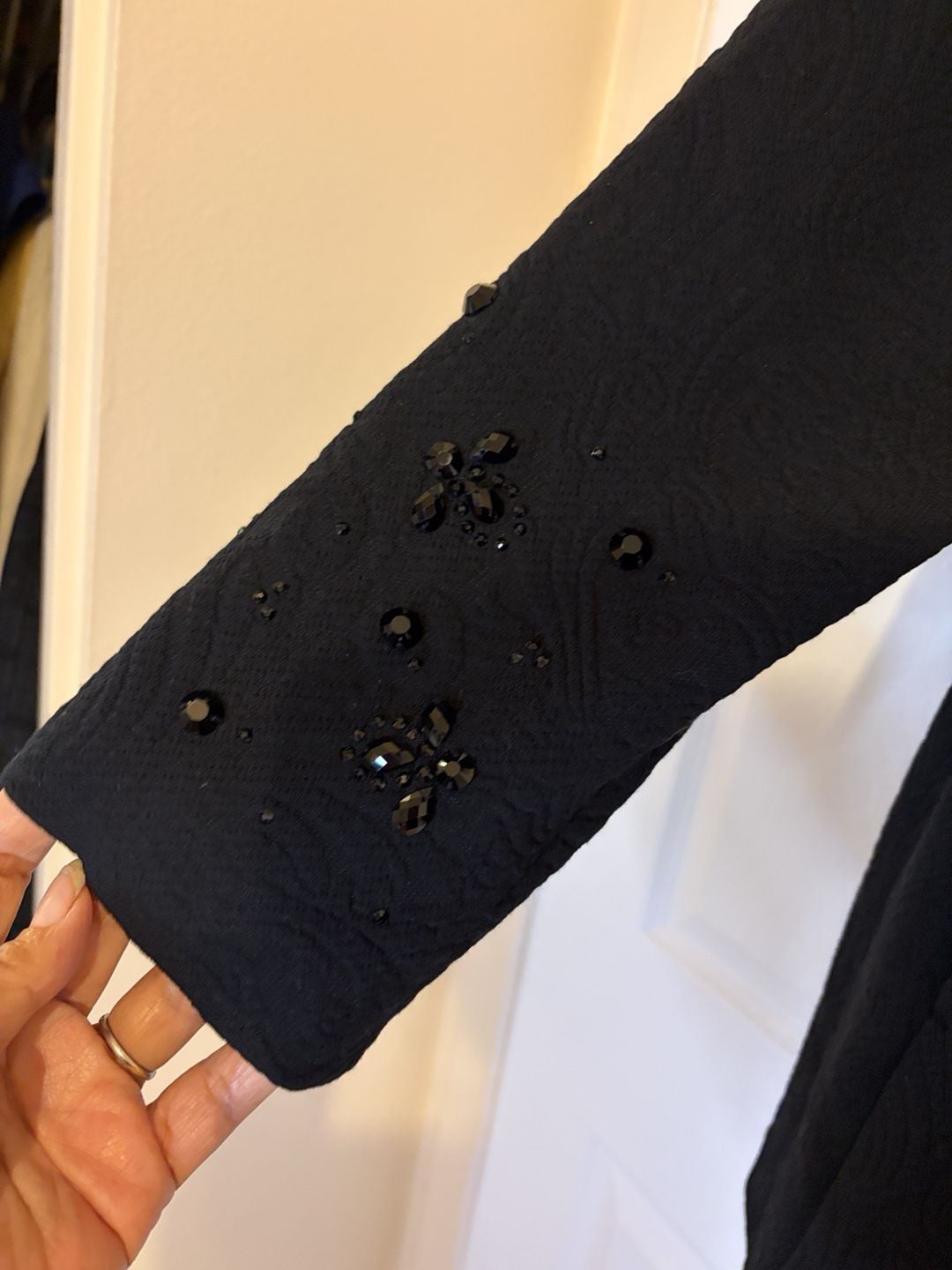 Chico's Black Embellished Jacquard Coat Size 3 Black Beaded Jacket 3