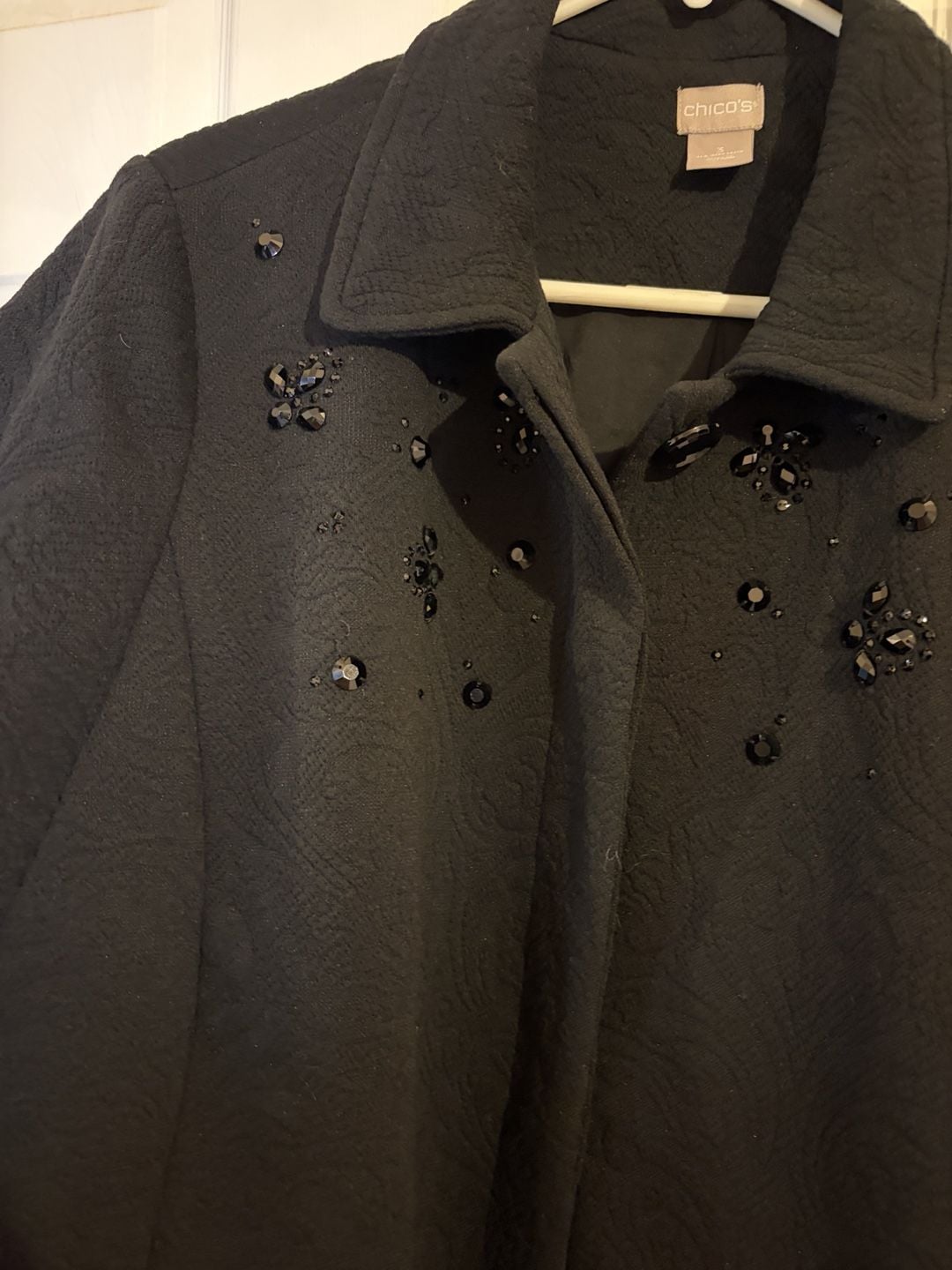 Chico's Black Embellished Jacquard Coat Size 3 Black Beaded Jacket 4