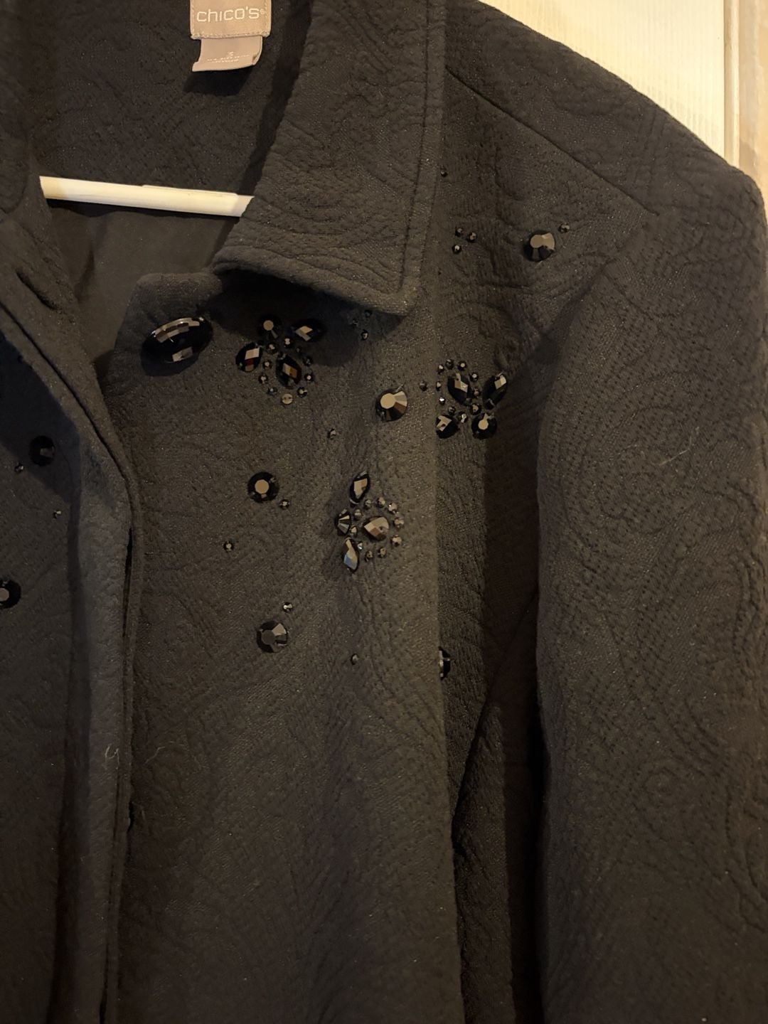 Chico's Black Embellished Jacquard Coat Size 3 Black Beaded Jacket 5