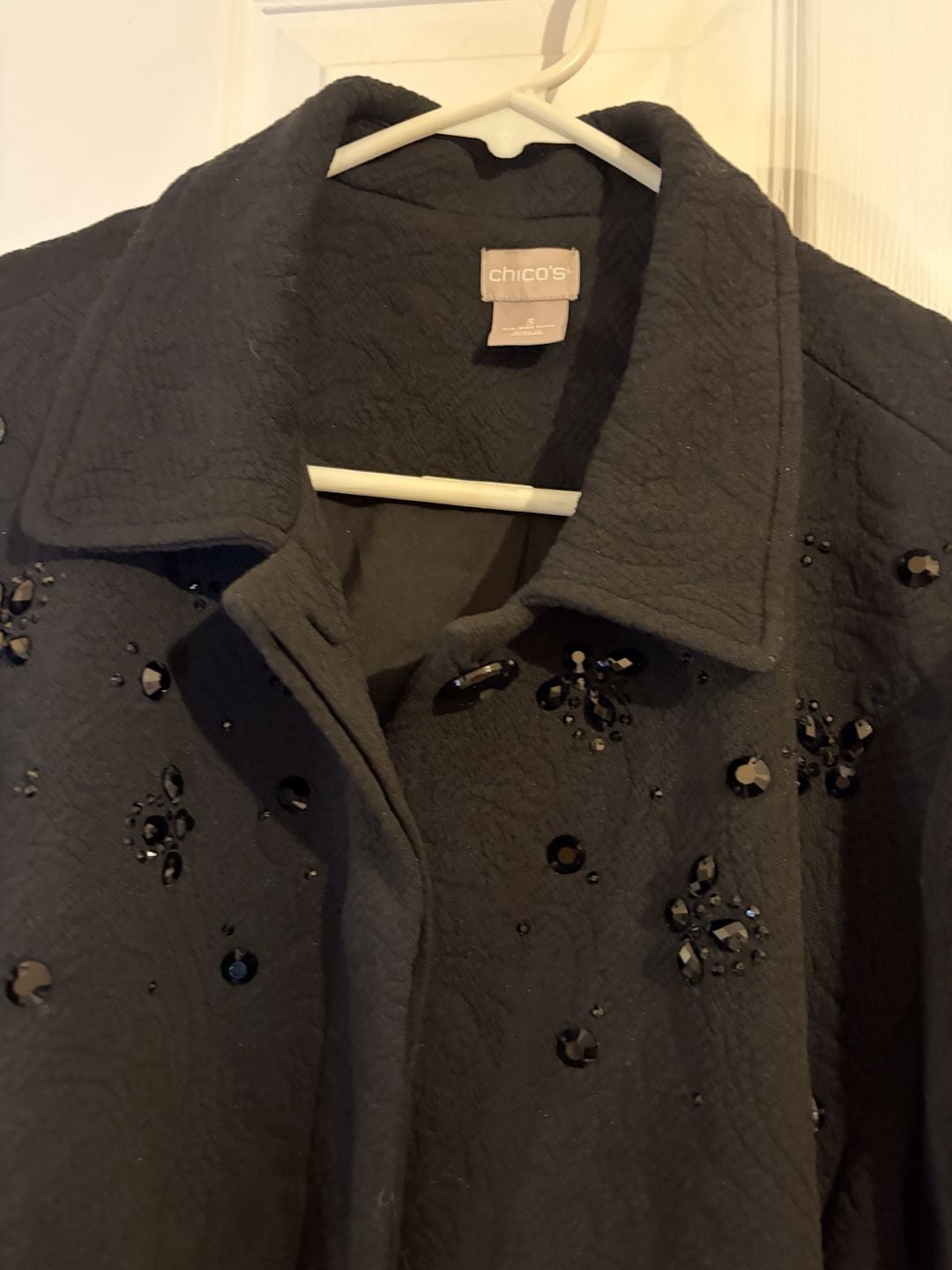 Chico's Black Embellished Jacquard Coat Size 3 Black Beaded Jacket 6