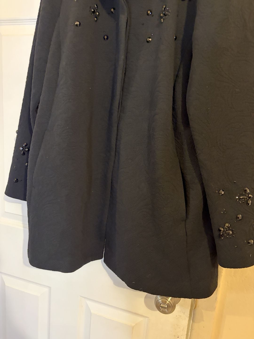 Chico's Black Embellished Jacquard Coat Size 3 Black Beaded Jacket 7