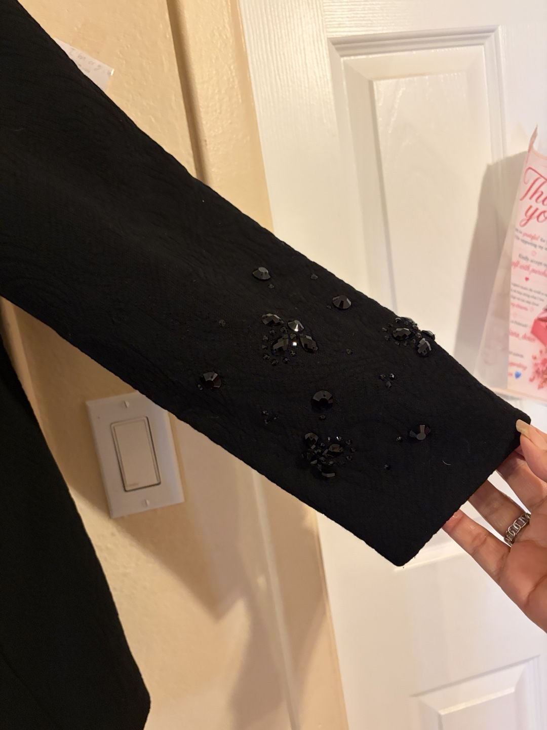 Chico's Black Embellished Jacquard Coat Size 3 Black Beaded Jacket 8