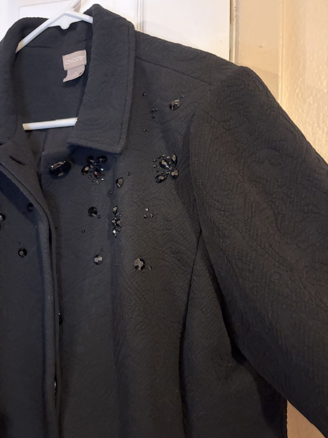 Chico's Black Embellished Jacquard Coat Size 3 Black Beaded Jacket 9
