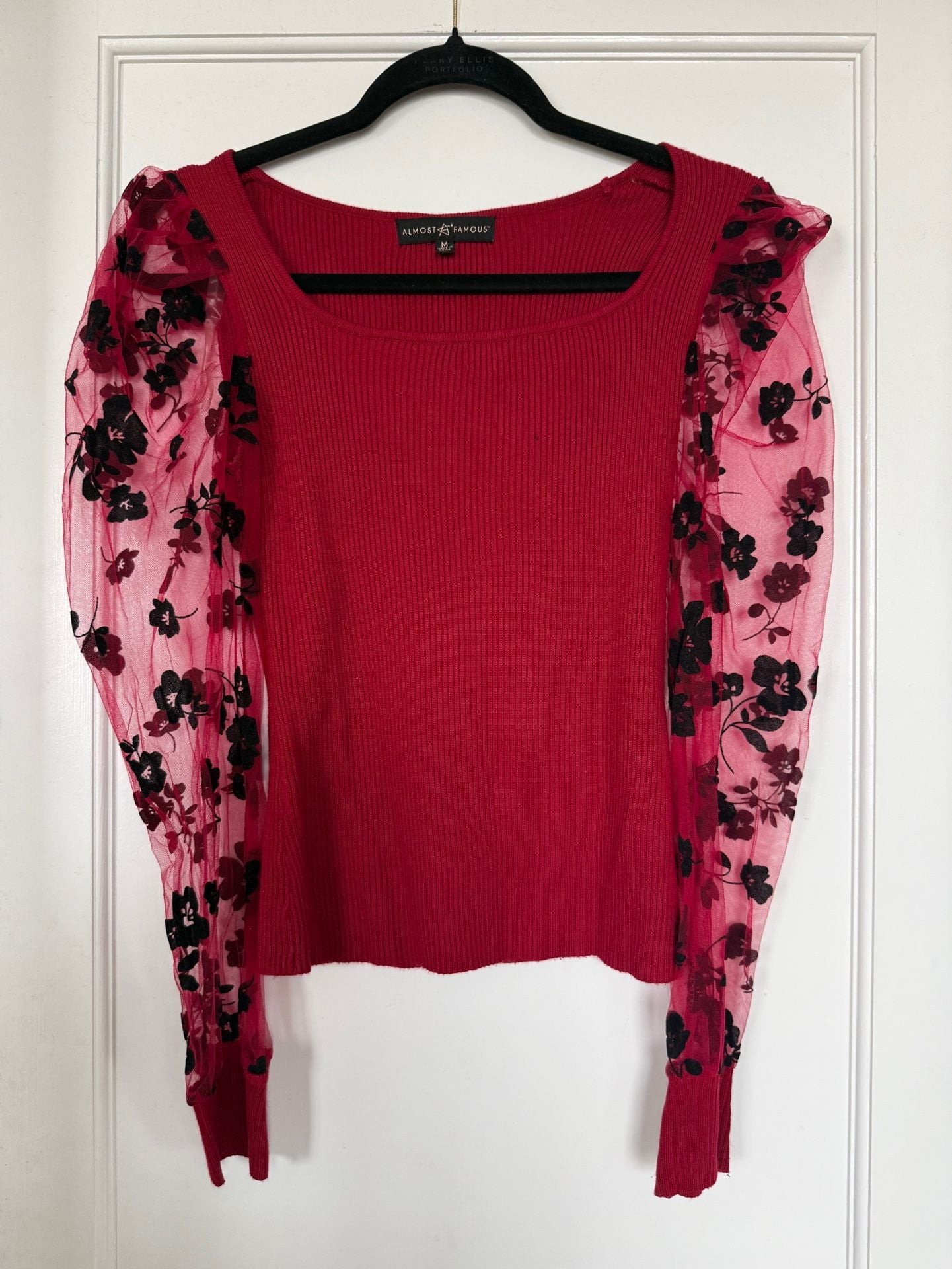 Almost Famous Sweater Size M Red Ribbed Knit Sheer Floral Mesh Sleeves 2
