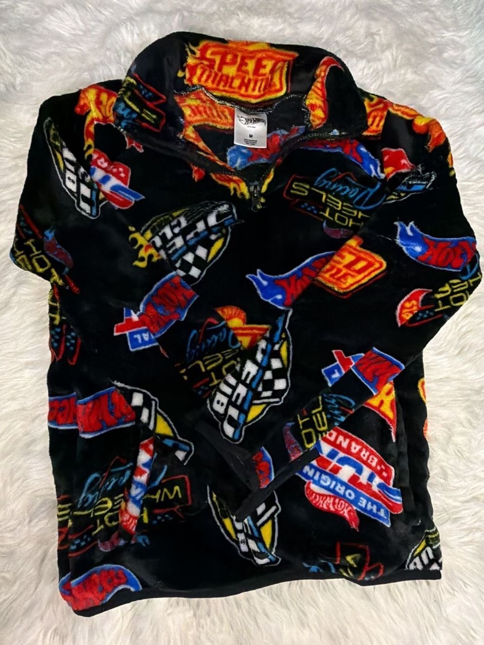 Hot Wheels Fleece Zip Jacket Size M Black All-Over Print Racing 5