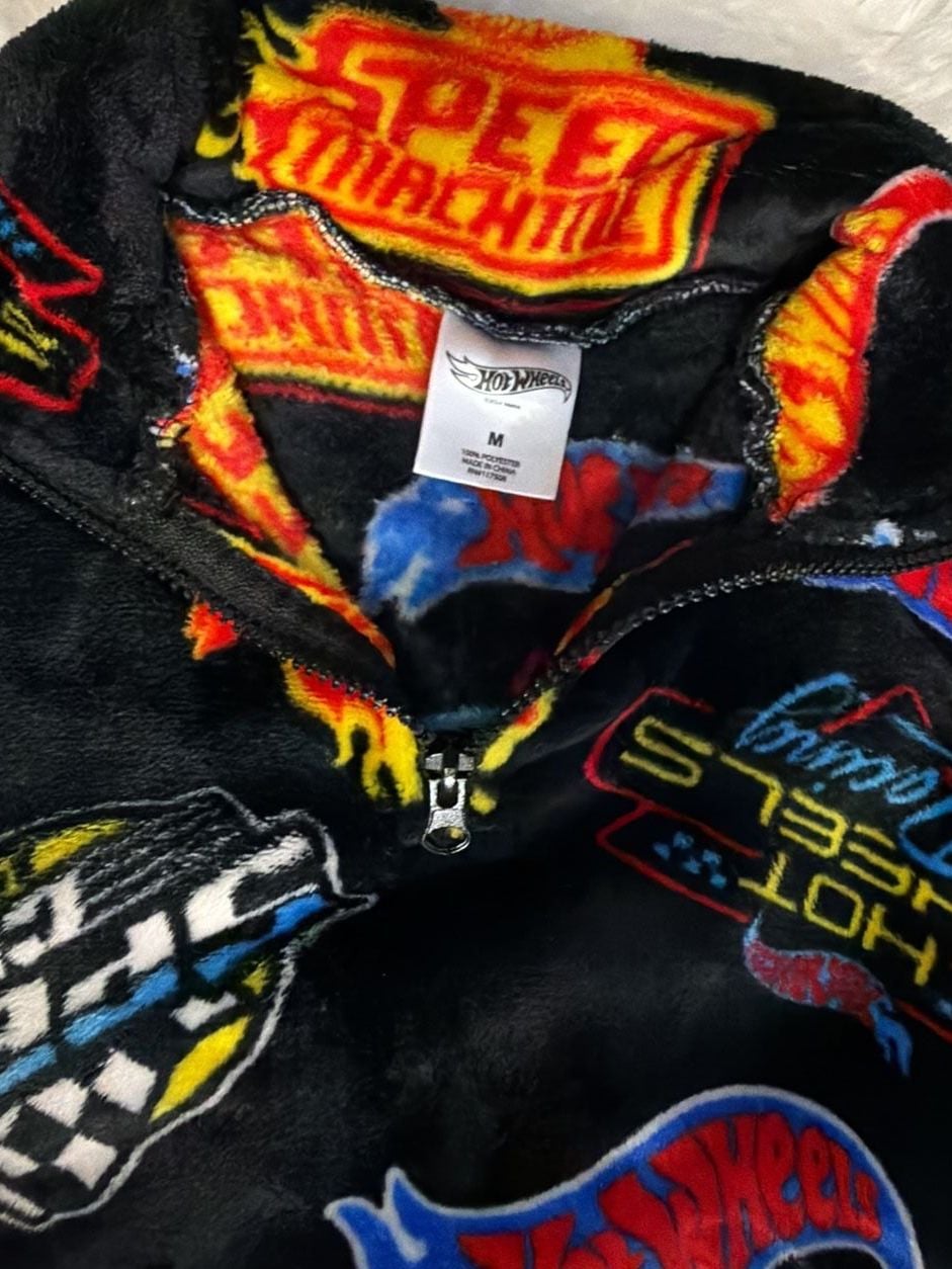 Hot Wheels Fleece Zip Jacket Size M Black All-Over Print Racing 4