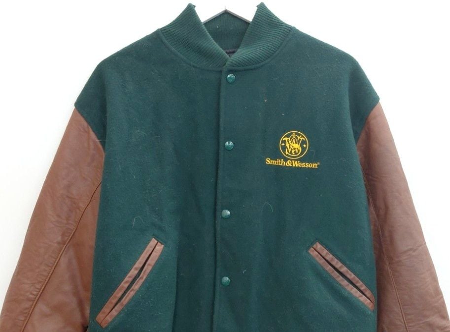 Team Uniforms Smith & Wesson Wool Leather Varsity Jacket Green Brown 3