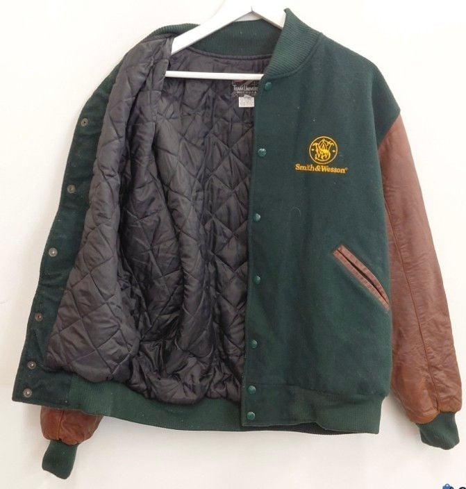 Team Uniforms Smith & Wesson Wool Leather Varsity Jacket Green Brown 4
