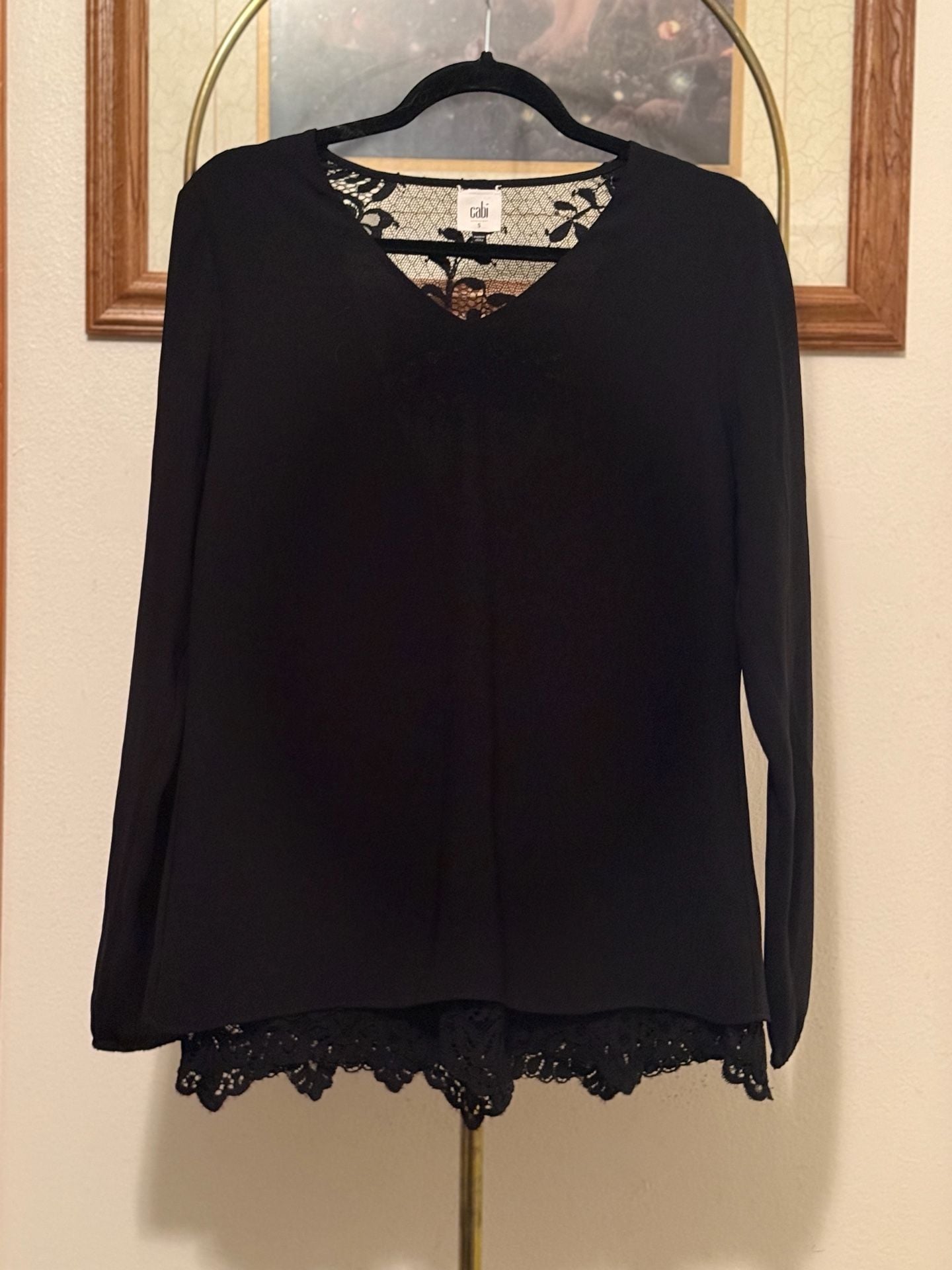 Cabi Black Long Sleeve Lace Trim Top Size S 2
