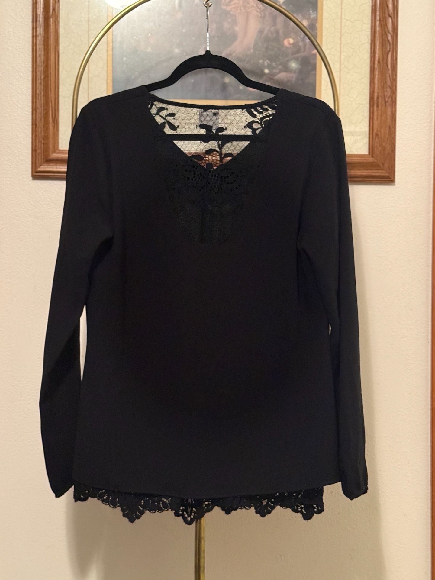 Cabi Black Long Sleeve Lace Trim Top Size S 3