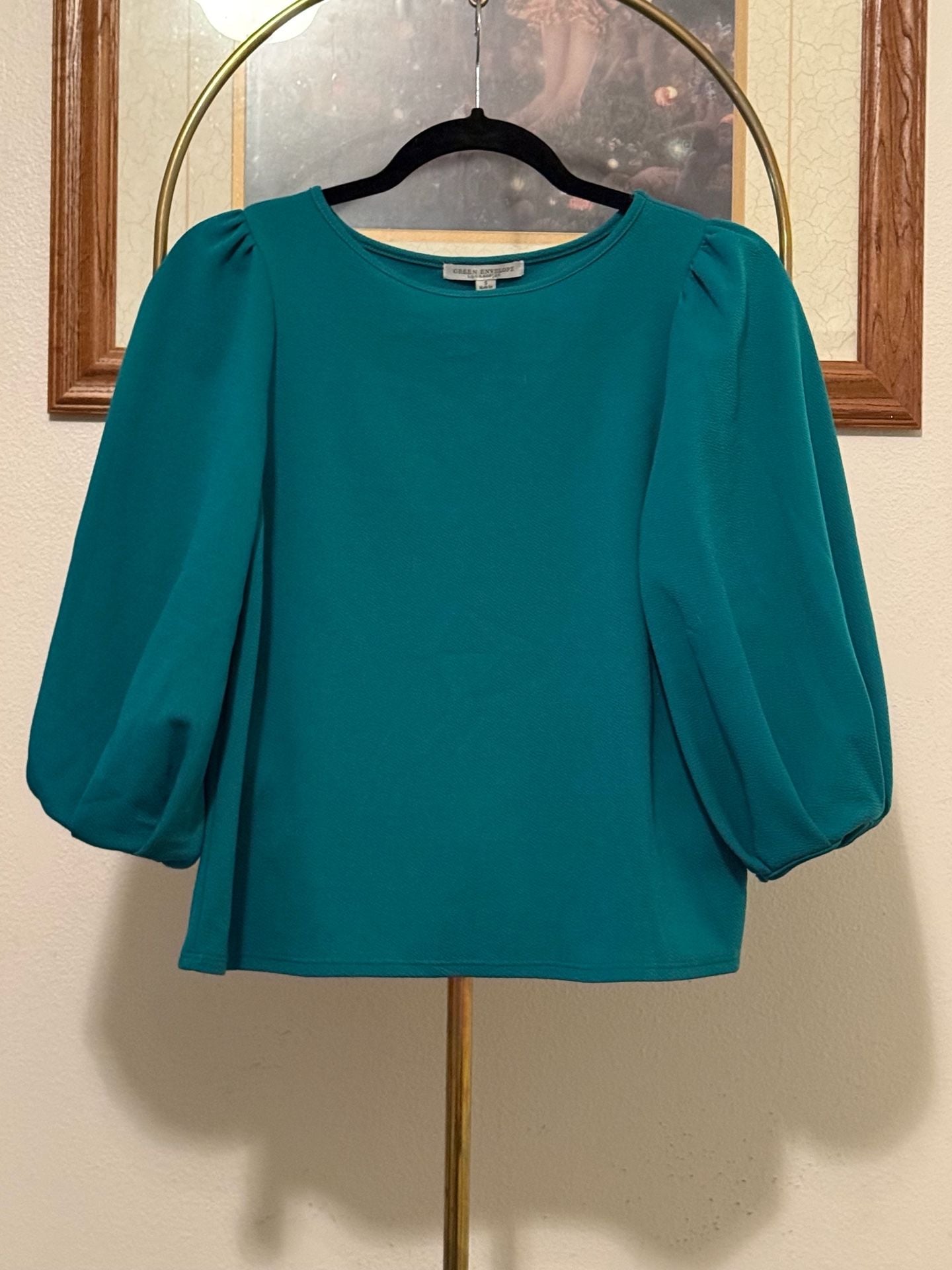 Green Envelope Puff Sleeve Blouse Size S Teal 2