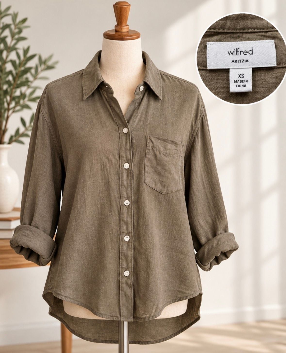 Aritzia Wilfred Women’s Linen Button Down Shirt XS Taupe Brown Oversized 2