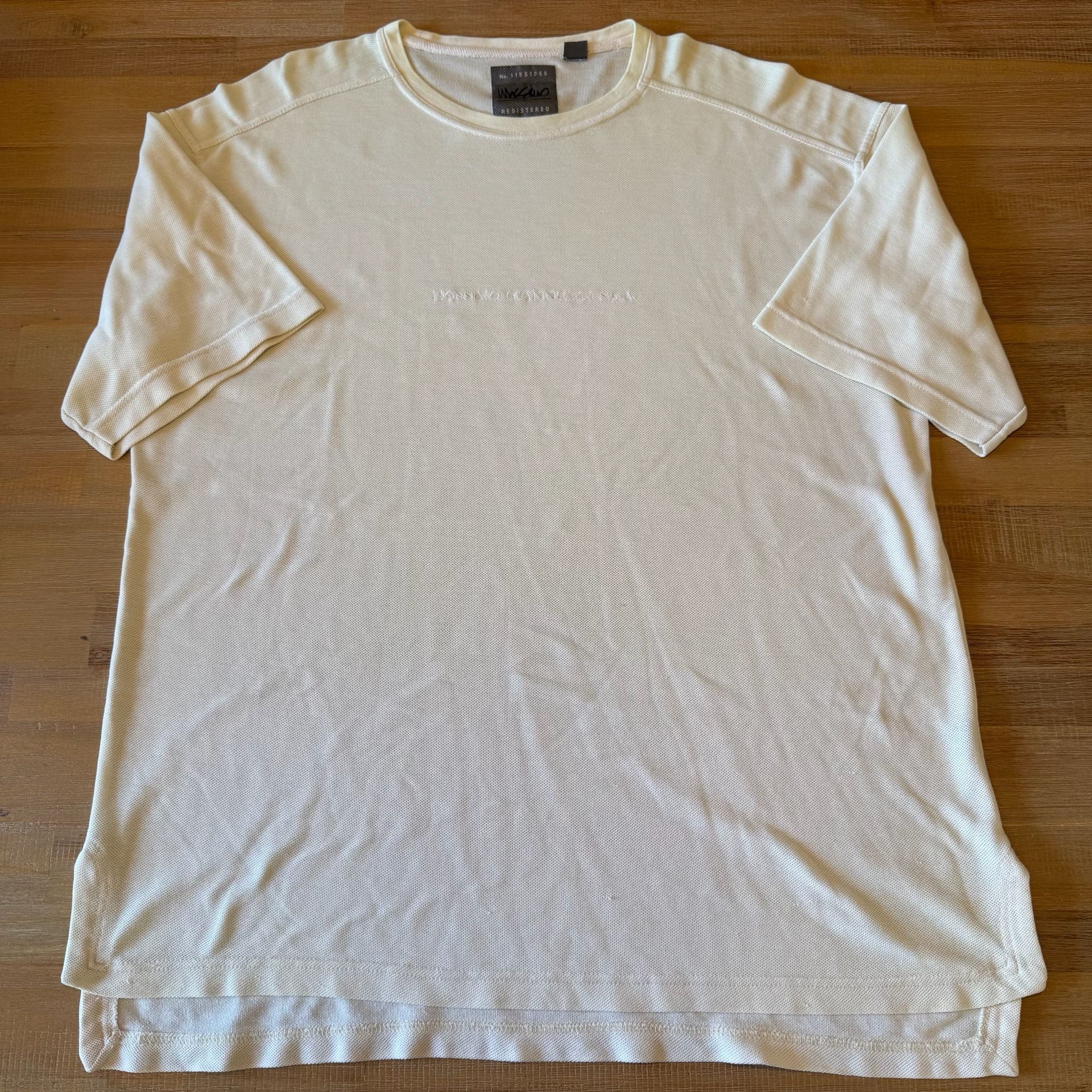 VTG Mossimo Giannulli Waffle Knit T Shirt Cream Beige Distressed Oversized XL 2