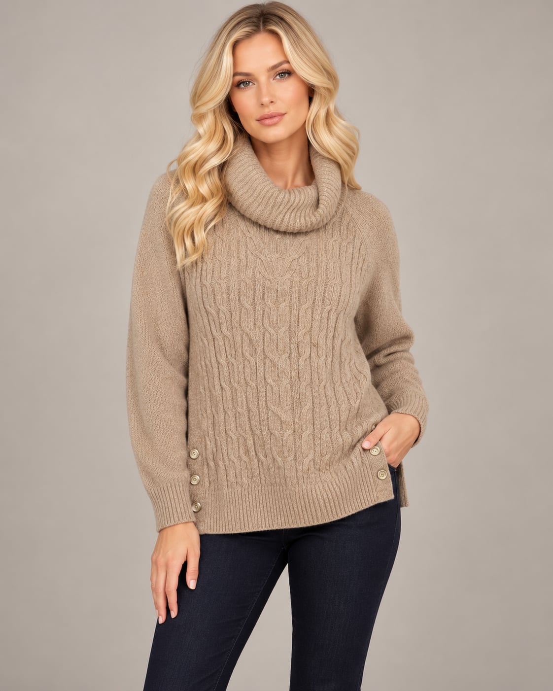 Talbots 100% Cotton Cable Knit Cowl Neck Sweater L Tan Gold Buttons NWOT 2