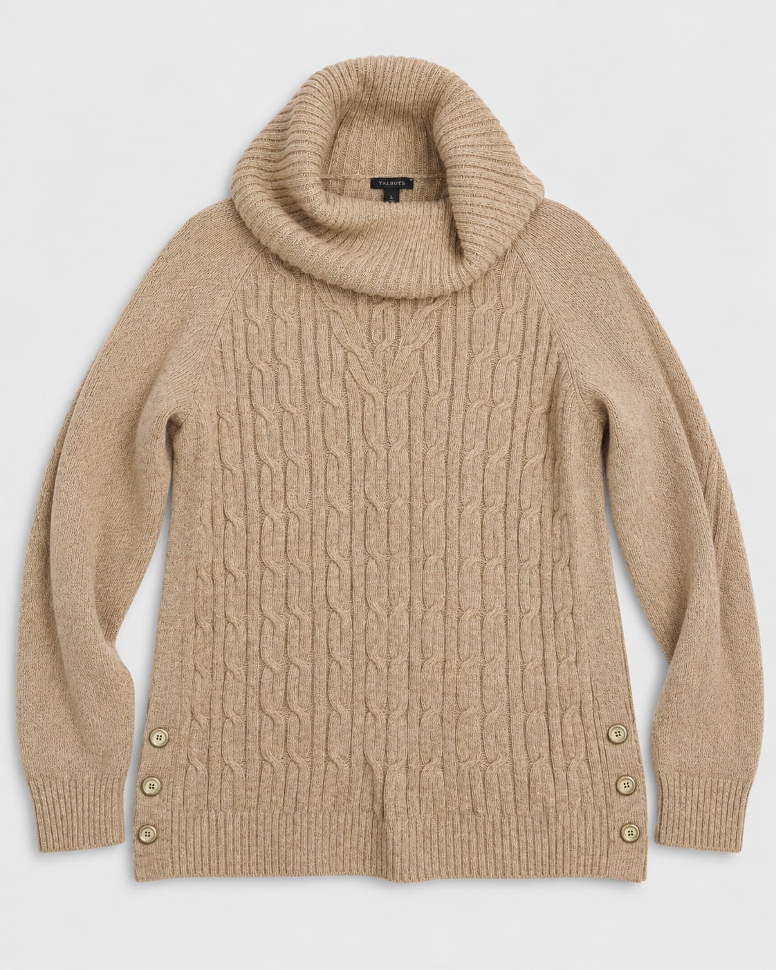 Talbots 100% Cotton Cable Knit Cowl Neck Sweater L Tan Gold Buttons NWOT 3