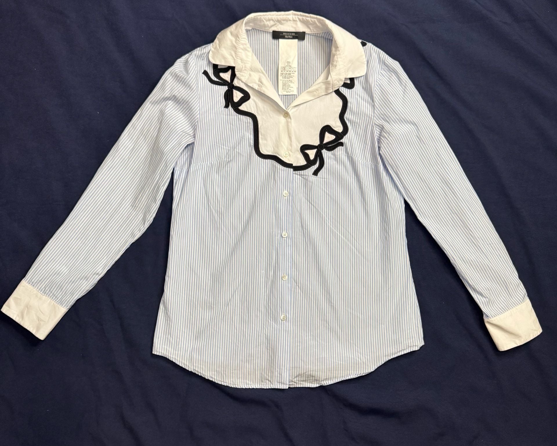 Weekend Max Mara Blue White Striped Bow Blouse US 6 Cotton Button Down Shirt 3