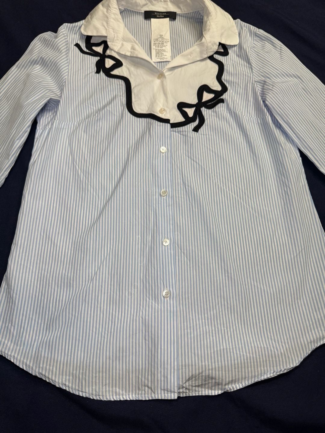 Weekend Max Mara Blue White Striped Bow Blouse US 6 Cotton Button Down Shirt 10