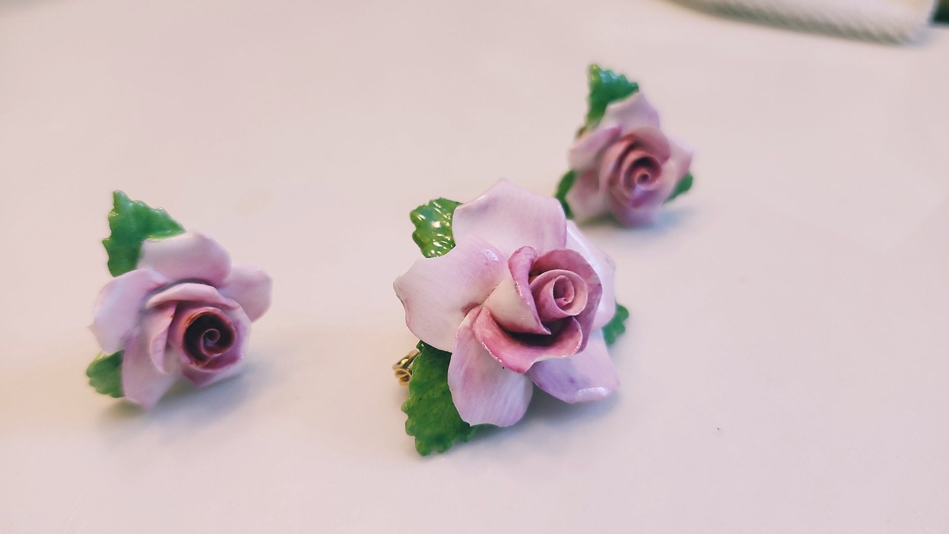 Royal Adderley Floral Porcelain Pink Rose Brooch and Earrings Set 5