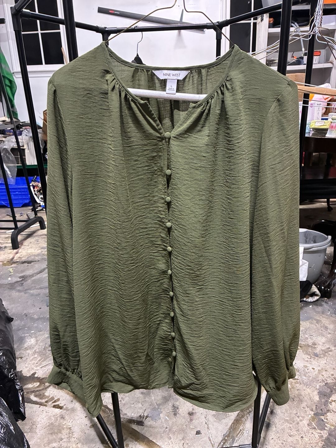 Nine West Button Front Balloon Sleeve Tunic Size L Green 2