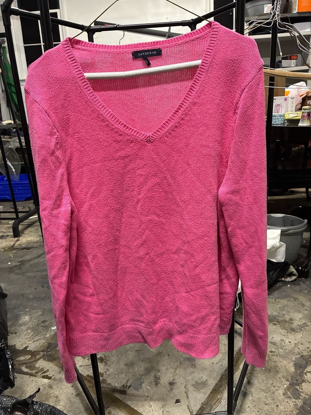 Lands End Women's Shaker Knit V Neck Sweater, Pink size L 2
