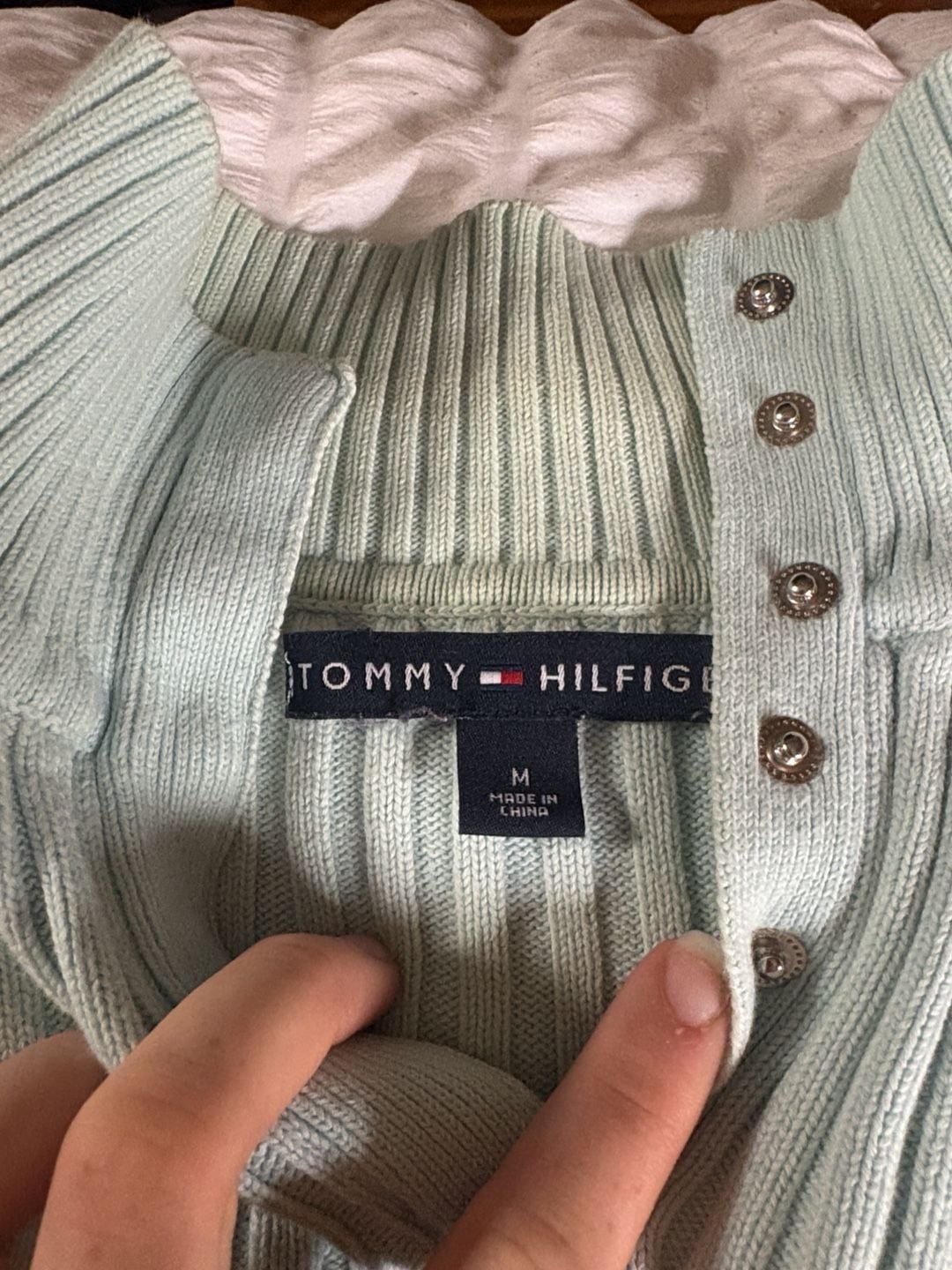 Tommy Hilfiger Ribbed Sweater Size M Light Blue Snap Mock Neck 3