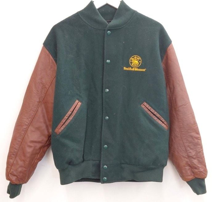 Team Universe Smith & Wesson Varsity Jacket Size L Green Leather Wool 2