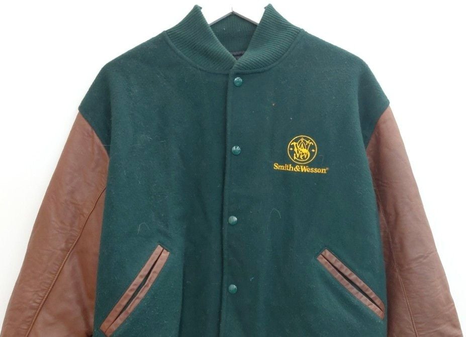 Team Universe Smith & Wesson Varsity Jacket Size L Green Leather Wool 5
