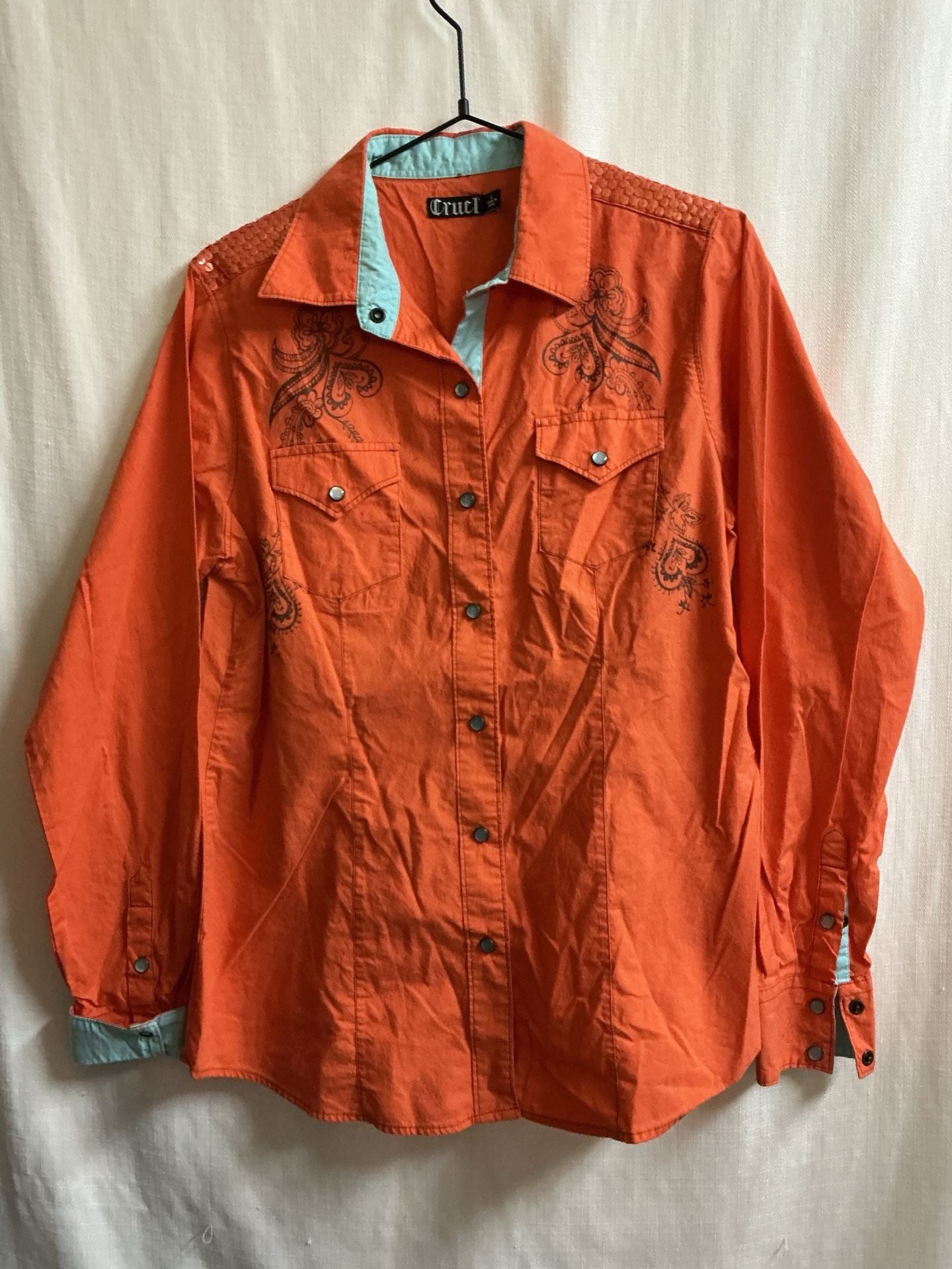 Cruel sequin pearl snap Western Shirt Size L Orange Floral Print 2