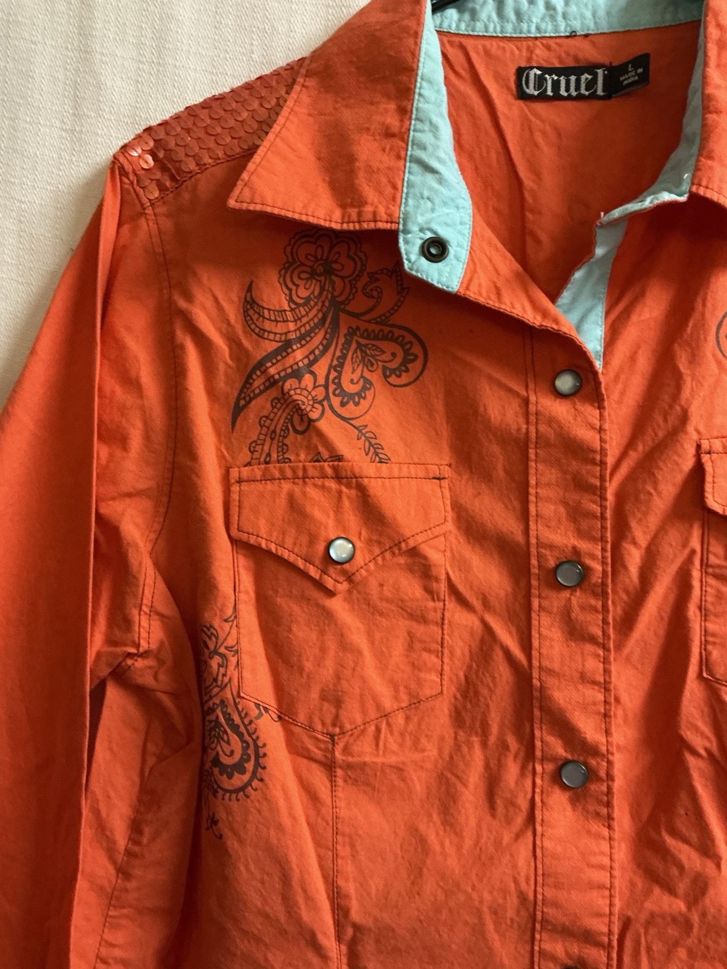 Cruel sequin pearl snap Western Shirt Size L Orange Floral Print 7