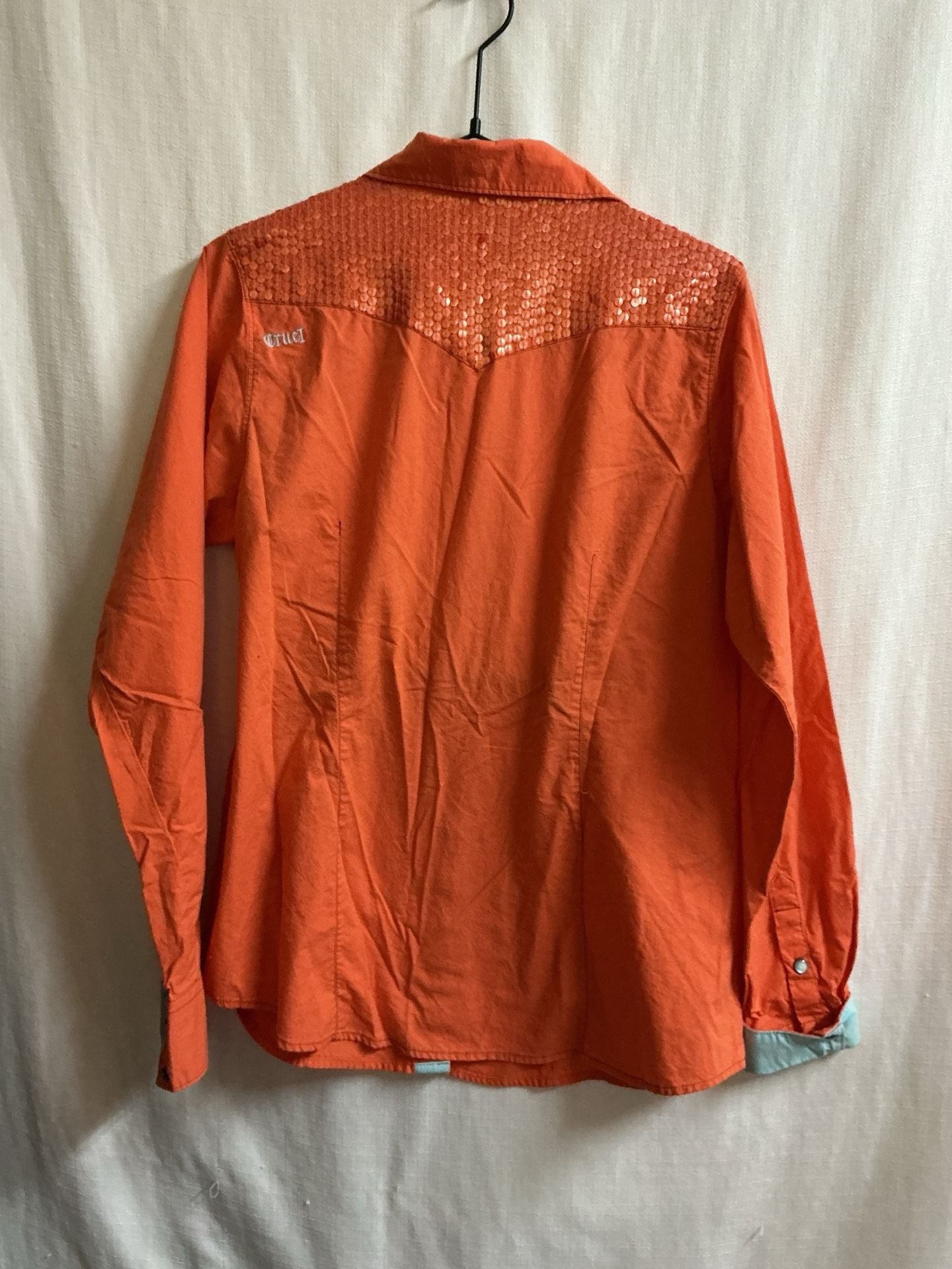 Cruel sequin pearl snap Western Shirt Size L Orange Floral Print 10