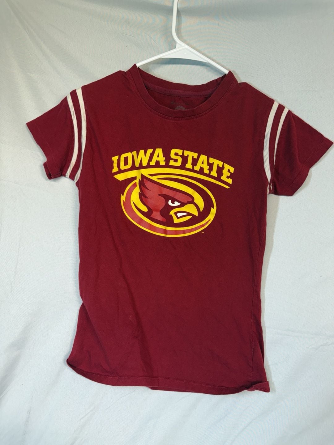 Woman Champion Iowa State University T-Shirt Red Graphic Striped Sleeves 2