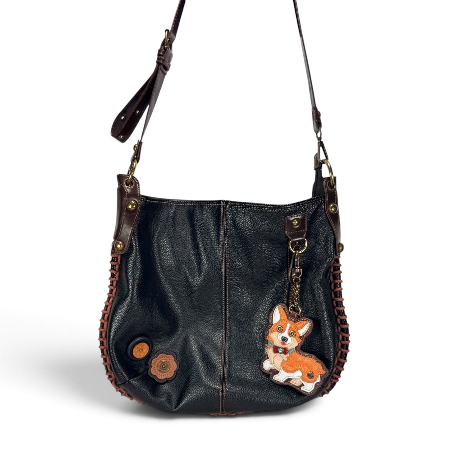 CHALA Corgi Shoulder Bag Black Leather Whipstitch Floral Boho 2