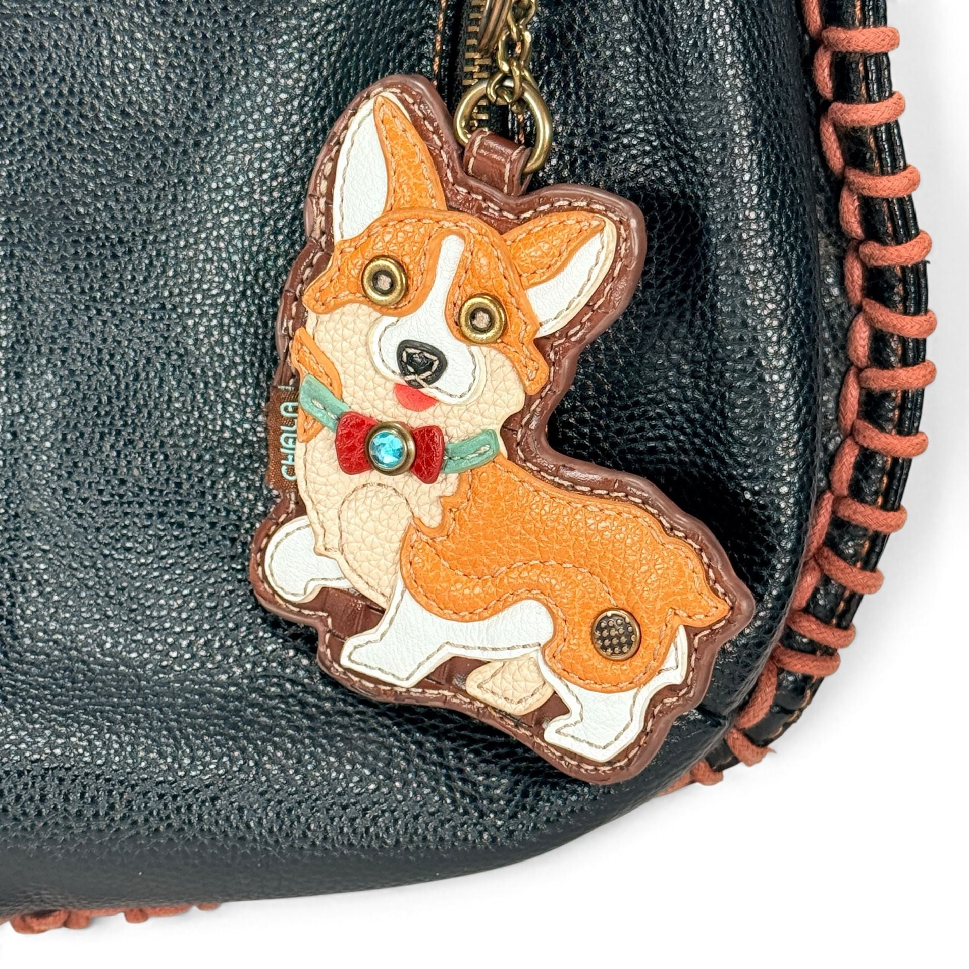 CHALA Corgi Shoulder Bag Black Leather Whipstitch Floral Boho 3